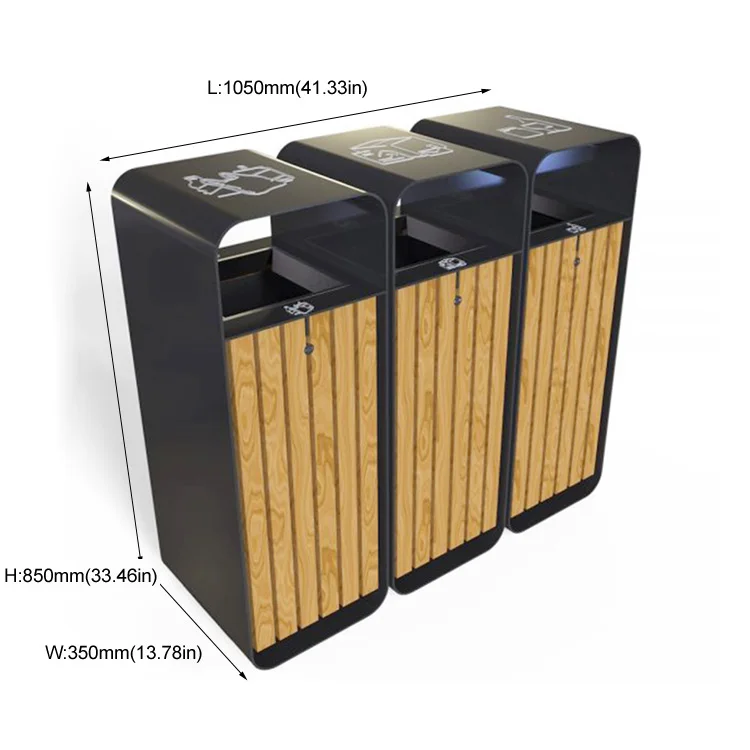 Wholesale Three Compartment Recycle Bin Unique Dustbin Trash Can for City Wooden Dustbin with Lid