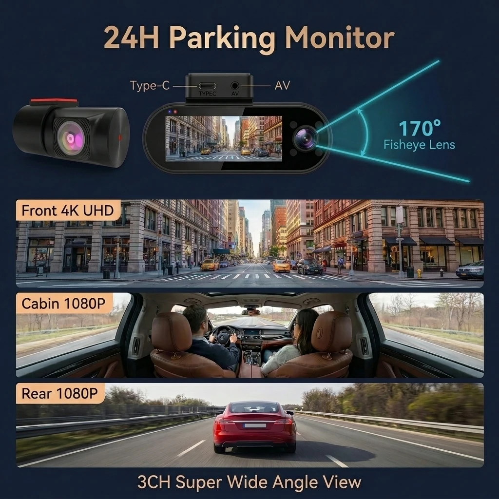 Vievguarb 3 Channel 4K Front 1080P Cabin Rear Car Dash Camera WiFi GPS Night Vision Loop Recording Parking Monitor