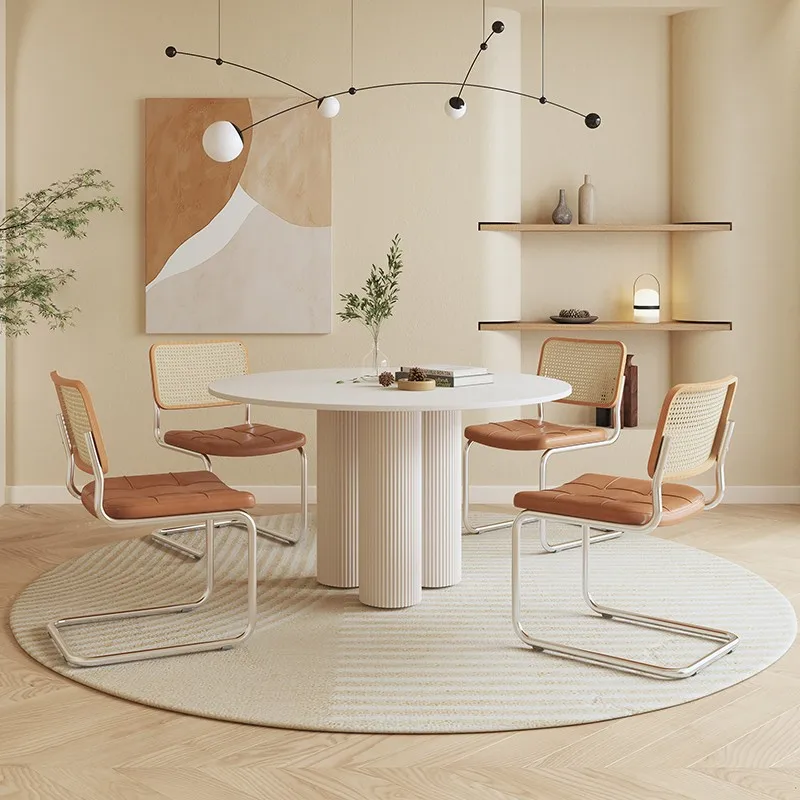 Unique Luxury Round Dining Table Modern Pure White Marble Stone Roman Column Tripod Tables and Chairs Wood