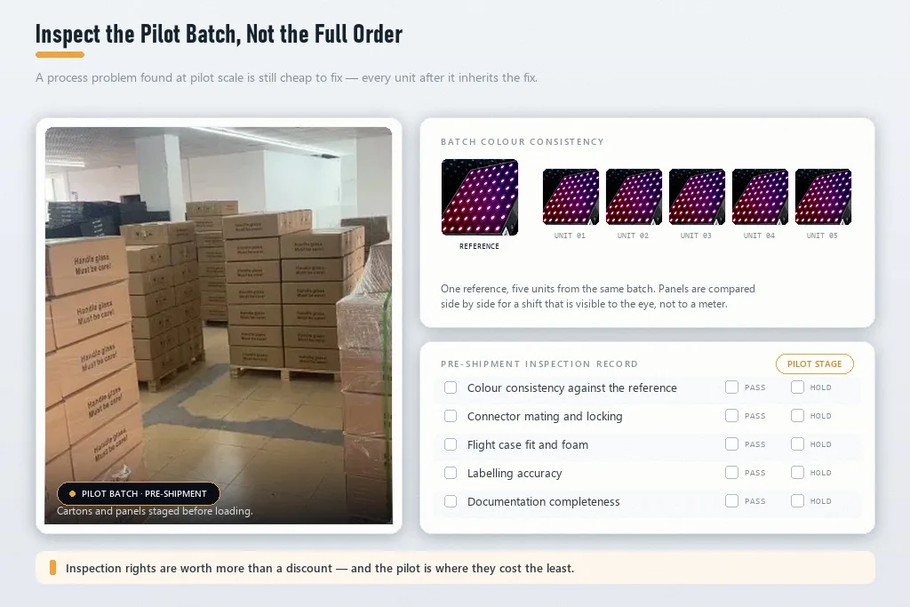 Pre-shipment inspection of a pilot LED dance floor order before it leaves the factory