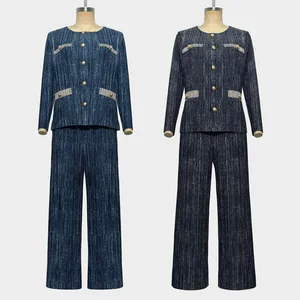 Wholesale Clothing Miyake Pleated Set Design Stretch Denim Top and Pants Sets Women's Fashion Two-piece Suit