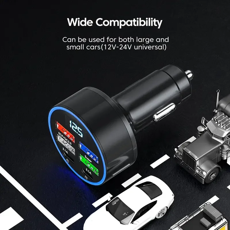 6-in-1 Car Charger with QC3.0 Fast Charge, USB Type-B, Matte Finish, Cigarette Lighter Powered