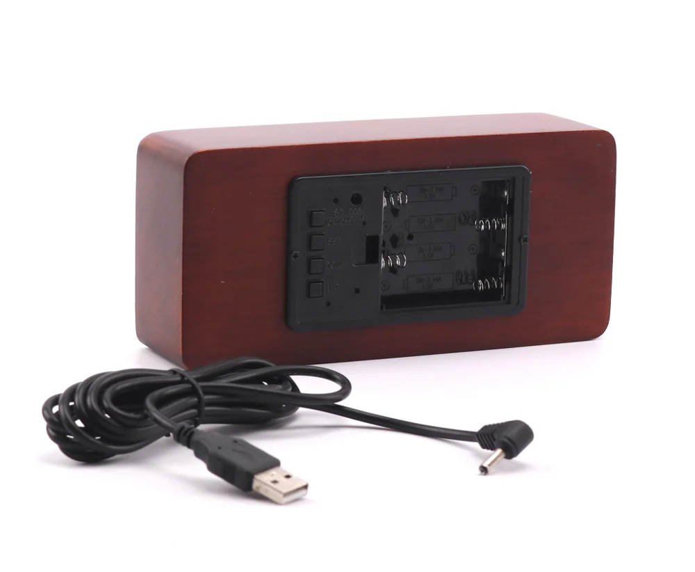 Time Date Temperature LED Digital Wooden Alarm Clock with USB Charger