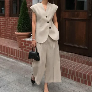 2025 Spring Summer Lady Commute Sets Elegant Office Lady Suits Sleeveless Single Breasted Tank Wide Leg Pant Female Trousers Set