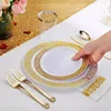 Assiettes creuses dorées, grandes/petites, tasse 10oz, couteau n°10