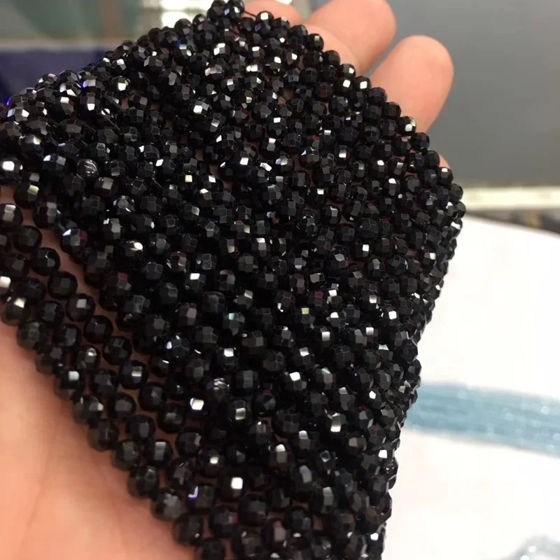 Single 2mm Faceted Black Spinel Round Loose Bead - Natural Stone, 0.5mm Hole