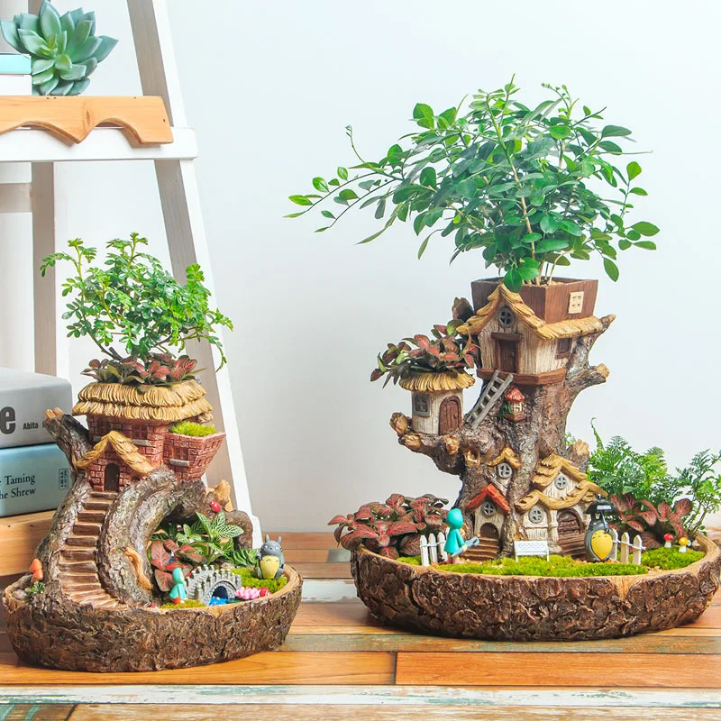 Moderne Fee Garten Miniatur Stumpf Harz Blumentopf Cartoon groes Baumhaus  Sukkulenten Pflanzer Balkon Pflanze Blumentpfe