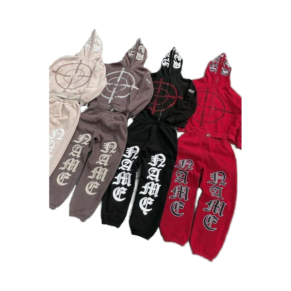Custom Two-Piece Vintage Style Men's Puff Print Sweatsuit Jogger Set Short Tracksuit with Sweatpants and Hoodie