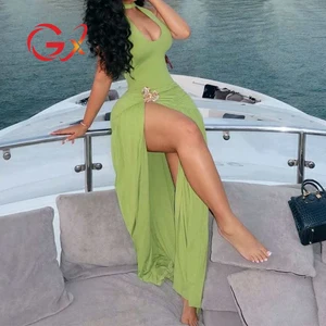 GX1548 Fashion 2026 Women Clothing Boutique Sleeveless Halter Deep V-neck Bodysuit and Split Long Maxi Skirt 2 Piece Set