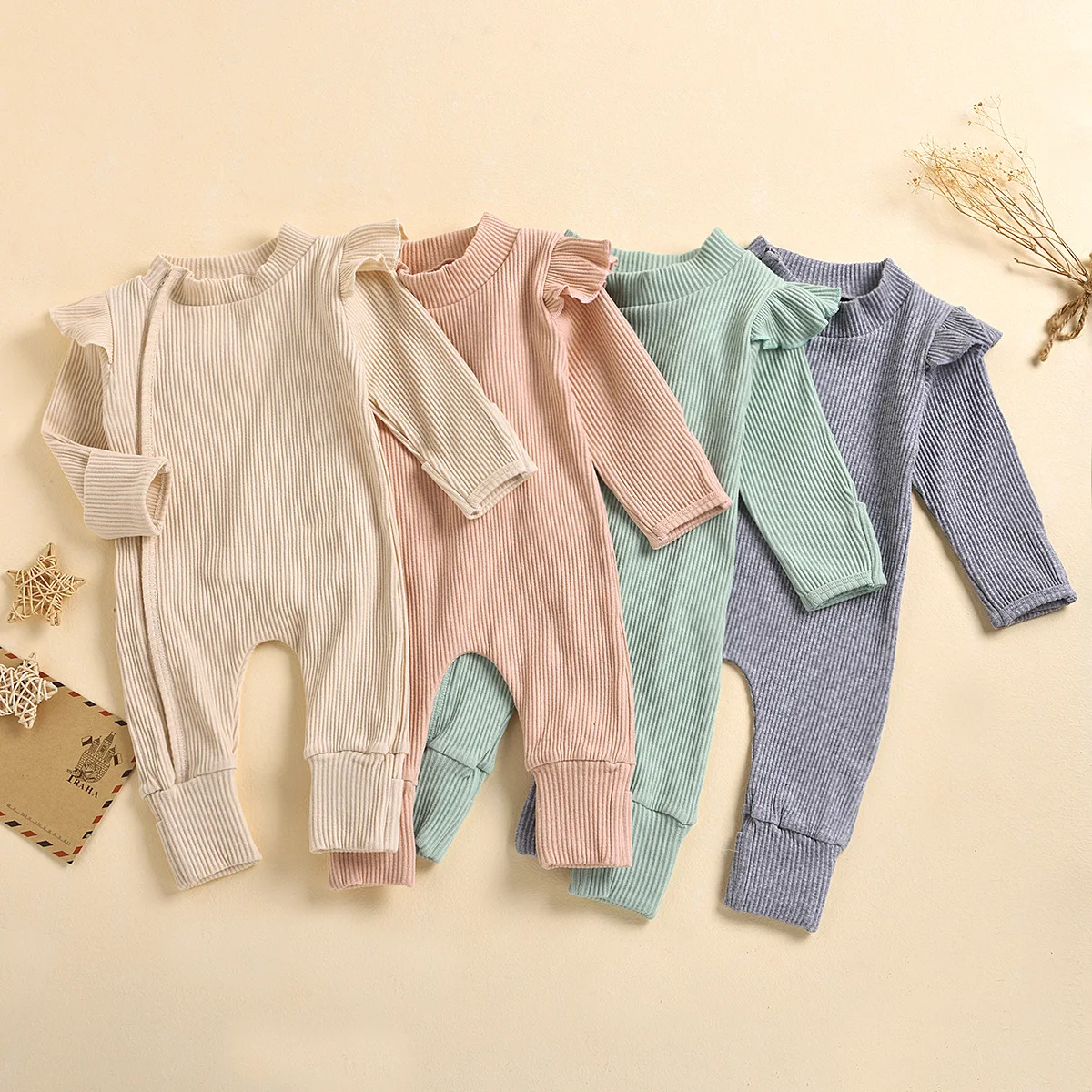 Baby Girl Rompers Newborn Ribbed Long sleeve Jumpsuit with Zipper Solid Color Bodysuit for 0-18m