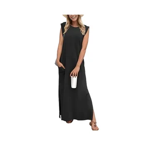 Women's Year-Round Casual Solid Pattern Chiffon Maxi Dress Loose Neck Wrinkle-Free Natural Waist Plain Dyed Washable
