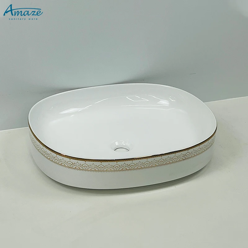 Good quality washroom wc sanitary ware white gold plating pattern ceramic lavabo counter top wash basin sink supplier