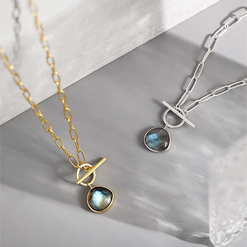 Natural Labradorite Gemstone Charm Thick Paperclip Toggle Chain 18k Gold Vermeil Jewelry 925 Sterling Silver Necklace for Women