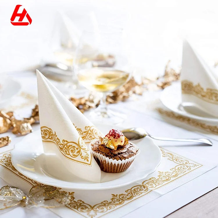 Белые с золотом Цветочные бумажные Коктейльные салфетки Airlaid для свадебного