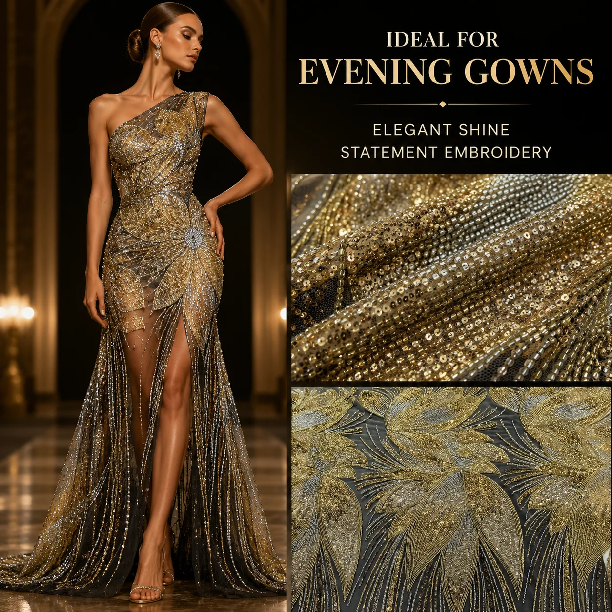 Luxury Gold Sequined Embroidery Mesh Fabric Beaded Floral Tulle Lace Sparkly Fabric for Evening Bridal Gowns Custom OEM