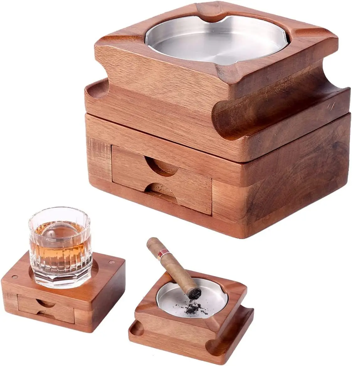 Wooden Cigar Ashtray With Whiskey Glass Tray Luxury Stainless Steel Inner Cigar Holder Ashtray 9352