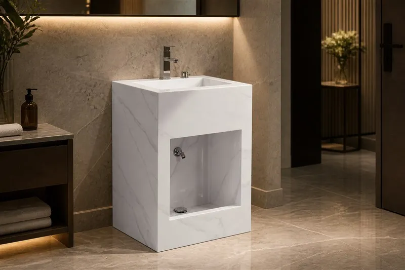 info-1-1 White sintered stone wudu basin in a premium hotel washroom with marble wall