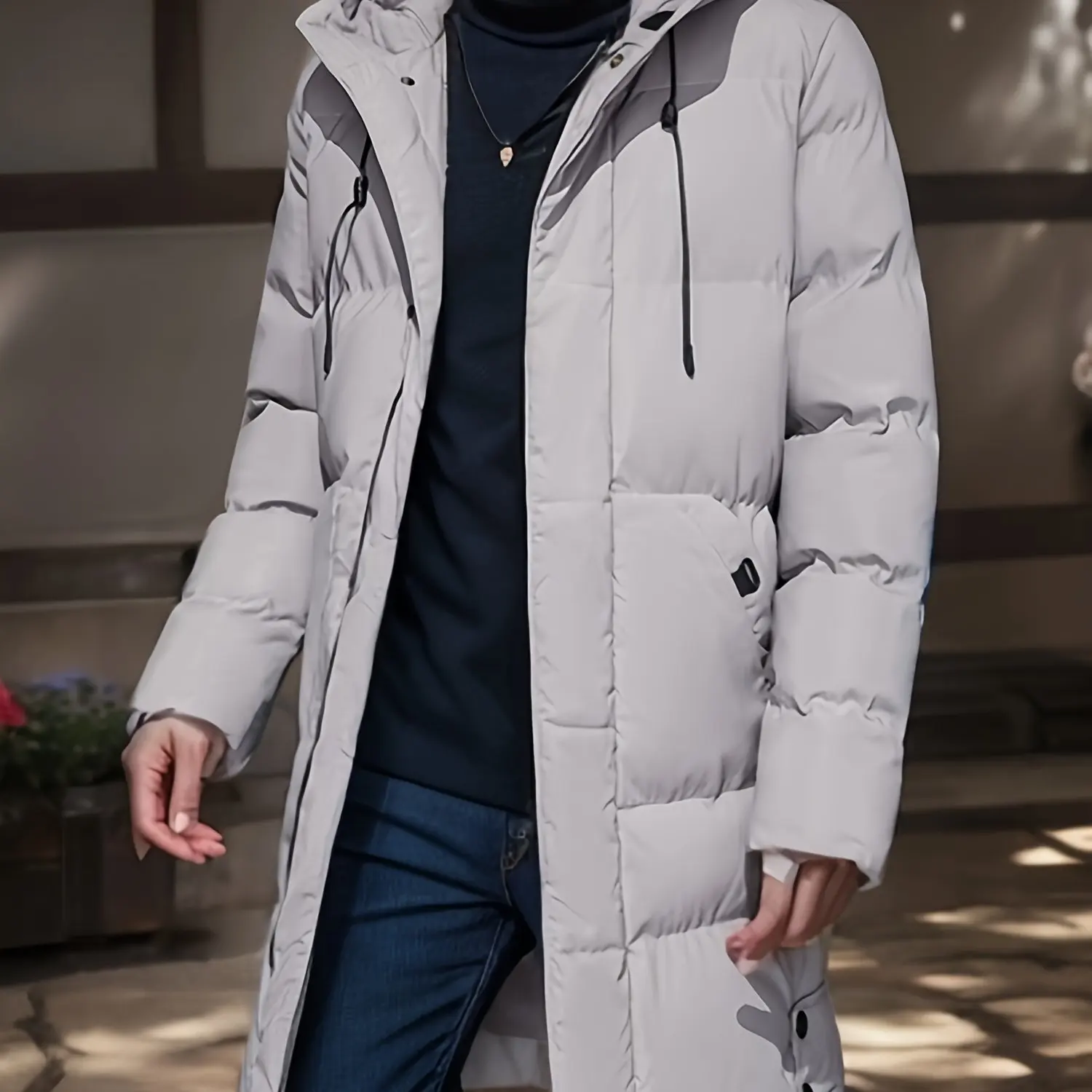 Warm Hooded Mid-length Jacket, Men's Casual Zip up Jacket Overcoat for Fall Winter Outdoor