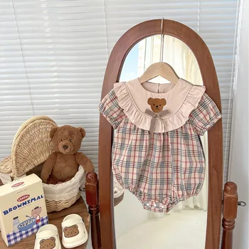 2025 Newborn Girls Casual Korean Style Summer Romper Cute Baby Bear Plaid Triangle Onesie O-Neck Collar Button 100% Cotton