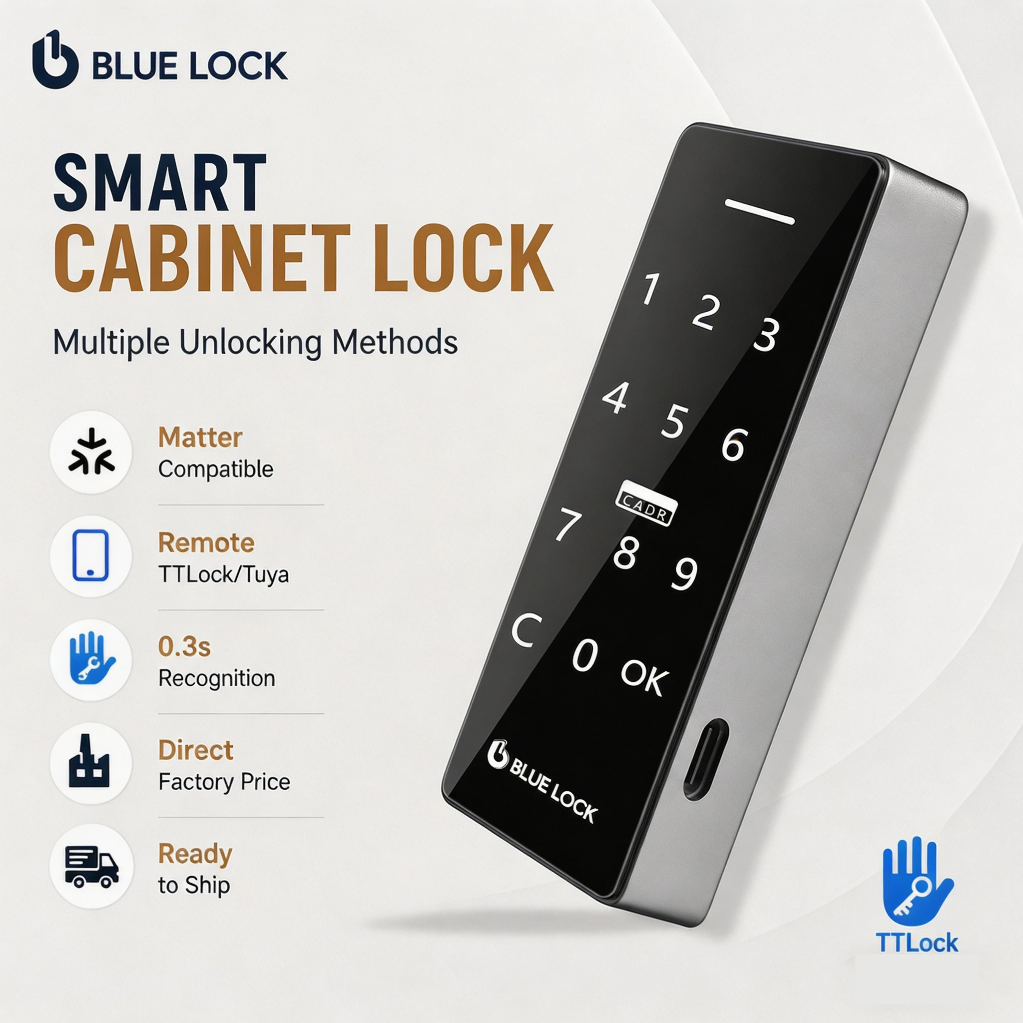 Bluelock Grade C TTlock Remote  Electronic Cabinet Lock Password Card Key App Control Long-Lasting Security Door Lock
