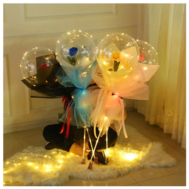 2022 Valentines Day Gifts Artificial Flowers Bouquet Led Balloons Clear Inside Bobo Balloon with Led Lights
