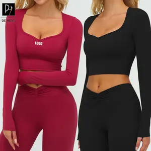 New Design Women Long Sleeve Square Collar Tops Deportivos Tight Slim Workout Fitness Yoga Sports Crop Tops for Women