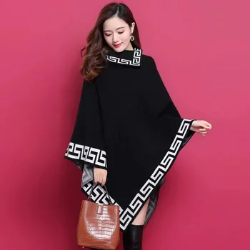 Women's Fashion Winter Pashmina Trendy Knitted Bat Shirt Cloak with Slant Collar Loose K-Style Sweater Wool Outwear