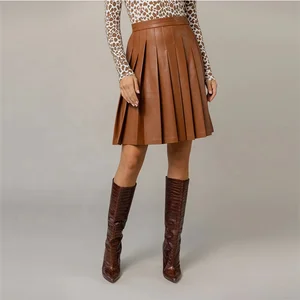 Clothing Manufacturer Spring Autumn Custom High Waist Elegant Casual Women Leather Pleated Brown Skirt