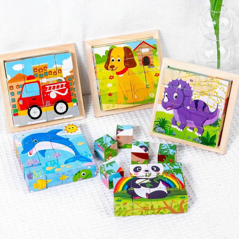 Best Selling Wooden Six-sided Cube Puzzle Transportation Animal Wooden Cube Puzzle Assembling 3d Wooden Puzzle Cube