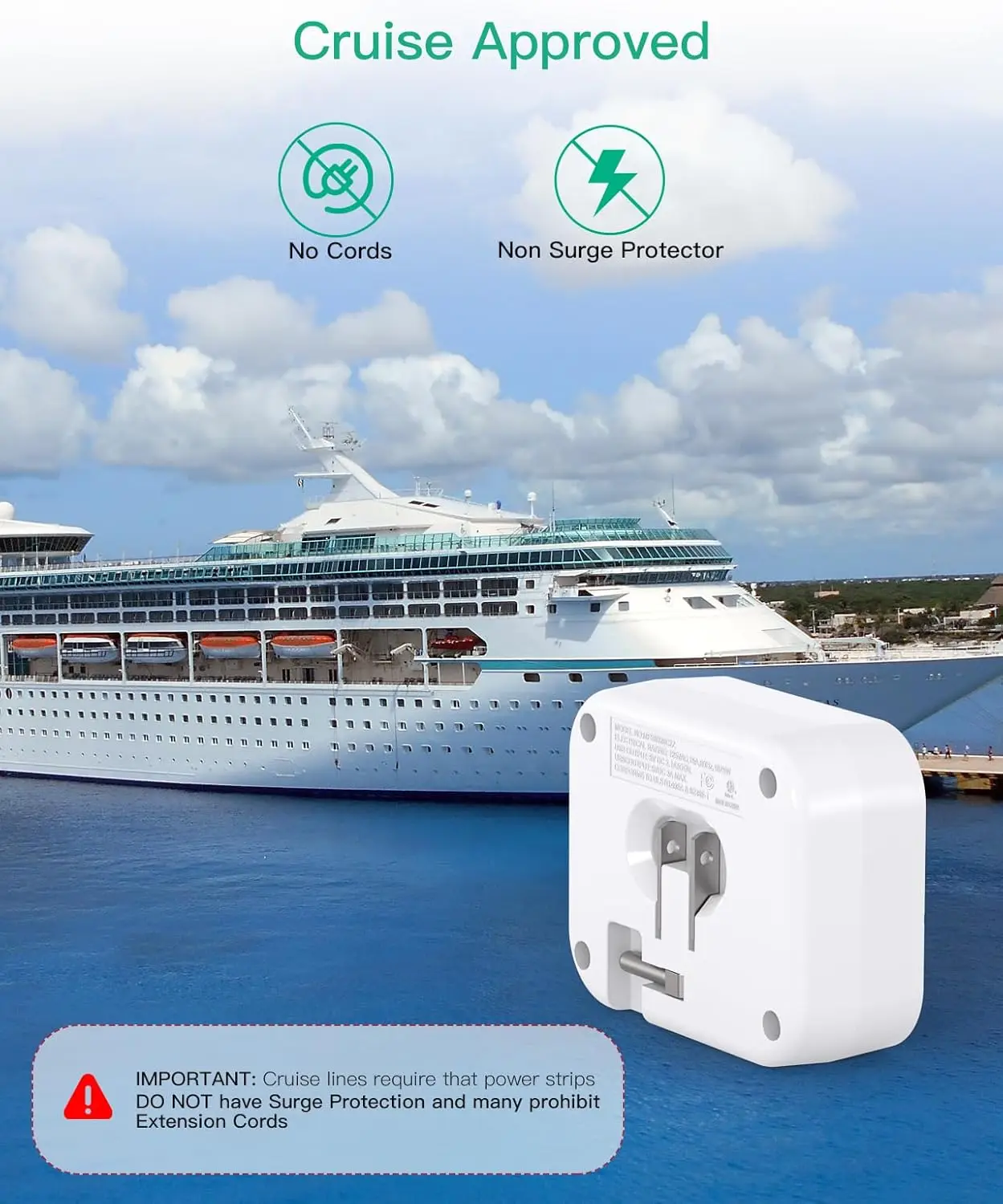Foldable Plug Cruise Power Strip USB-C Outlet Extender Travel Essentials Wall Socket 15A Rated Current 125V No Surge Protector