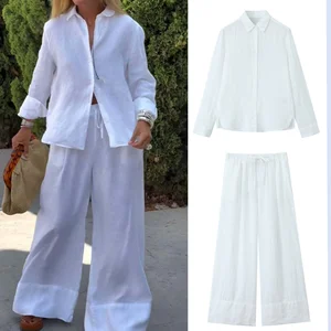 Latest Design Boutique Vintage Style Autumn Clothes Boutique Linen Long Sleeve Pocket Shirt and Wide Leg Pant 2 Piece Set Women