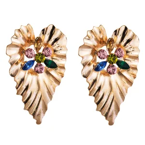 Popular Exaggerated Multi Color Stone Stud Earrings With Gold Plated Heart Shape Palm Leaves Shaped Earrings Plant Jewelry