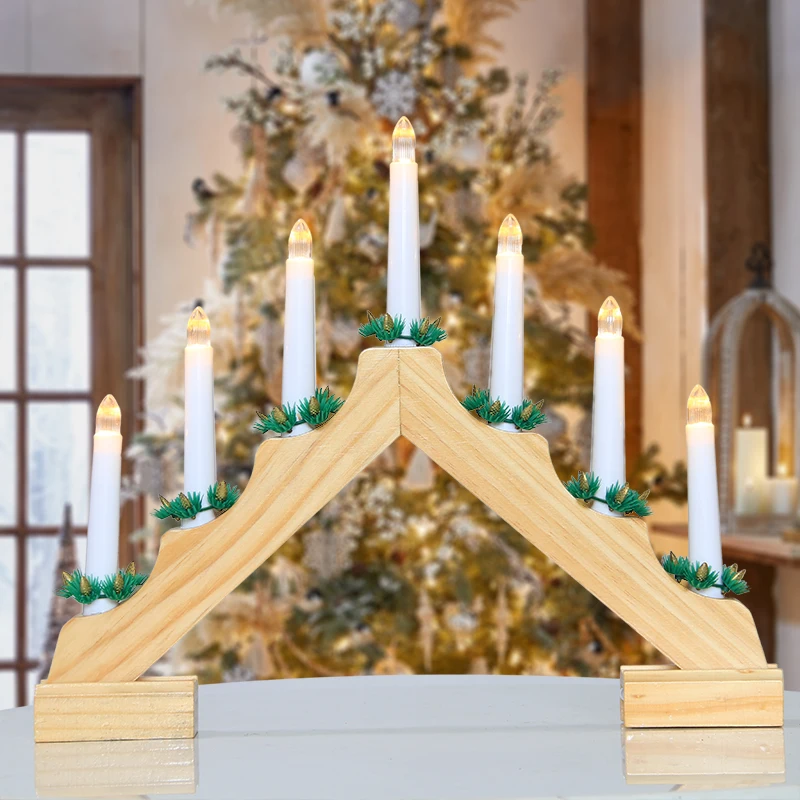 New Design 7L Warm White LED Natural Wooden Candlestick for Home Living Room Decoration