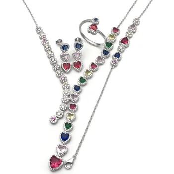 Vintage women Fine Jewelry Sets Bridal Necklace Chain with Zircon & Shiny Colorful Stone for Wedding Euro-american 925 Silver