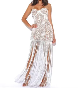 Ladies Tassels White Lace Long Fringed Strapless Dress Celebrity Evening Nightclub Long Bandage Party Dress