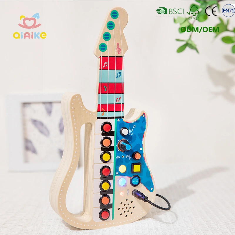 Papan Aktivitas Robot Montessori Berbentuk Gitar dengan Papan Tombol Kayu, Mainan Sensorik Edukatif Awal untuk Anak-Anak dengan Musik dan Lampu LED, OEM