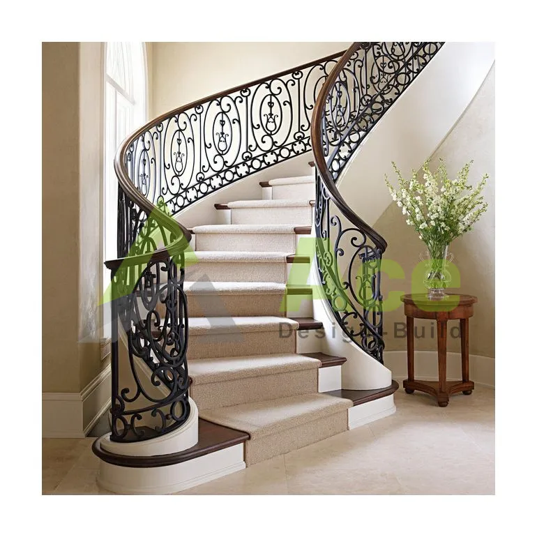 Powder Coating White Stringer Wrought Iron Railing Wood Tread Riser Simple Design Curved Staircase