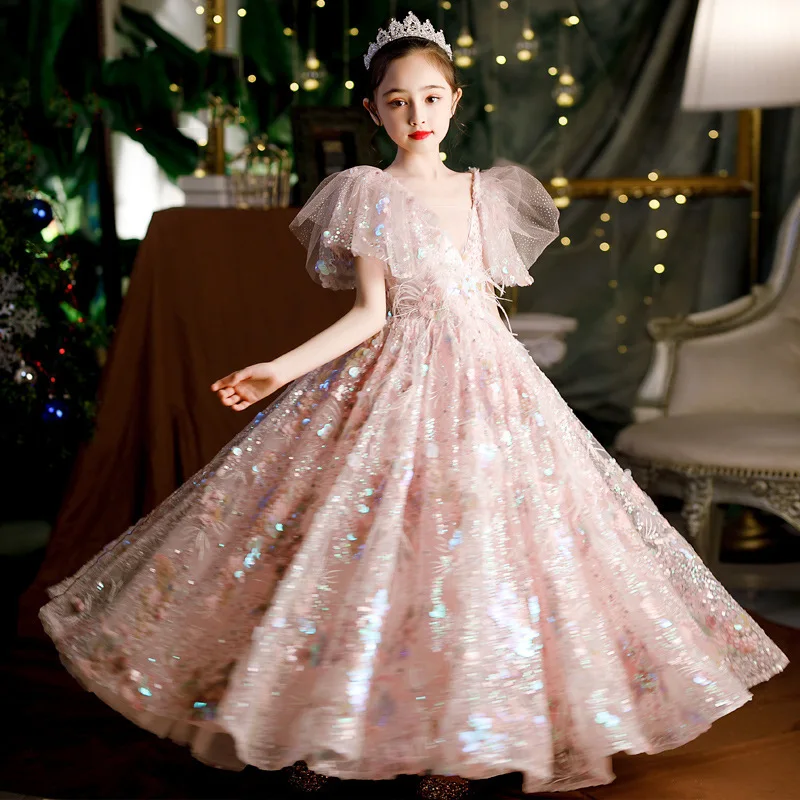 S2106R Elegant Flower Girl Dress with Fluffy Gauze Sleeves