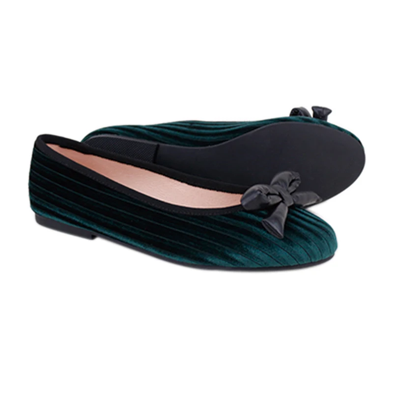 Green Velvet Leather Sponge Bowknot Flats Women's Comfort
