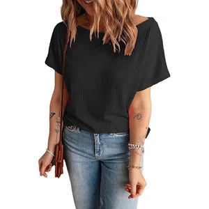 2025 Summer Women's Waffle Collar Short Sleeved Casual Solid Color T-shirt