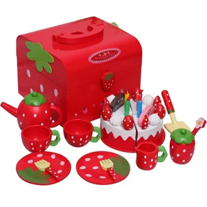 Unisex Children's Educational Kitchen Food Pretend Play Toy Set Red Strawberry Cake Afternoon Tea Wood Plastic Kids' Cooking Fun