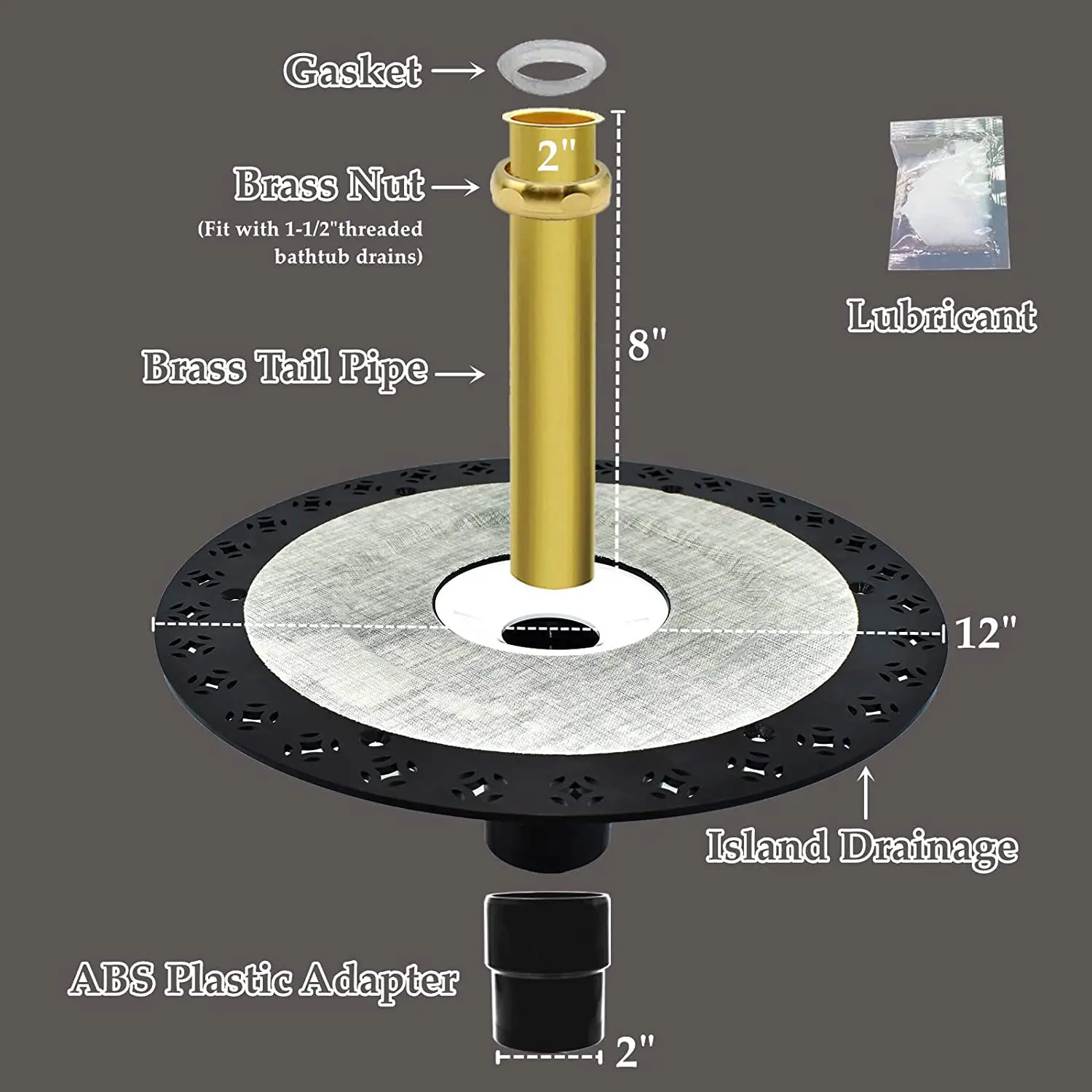 Updated 12 Inch Freestanding Tub Drain Roughin Kit With Abs Plastic Adapter & Brass Tail Pipe