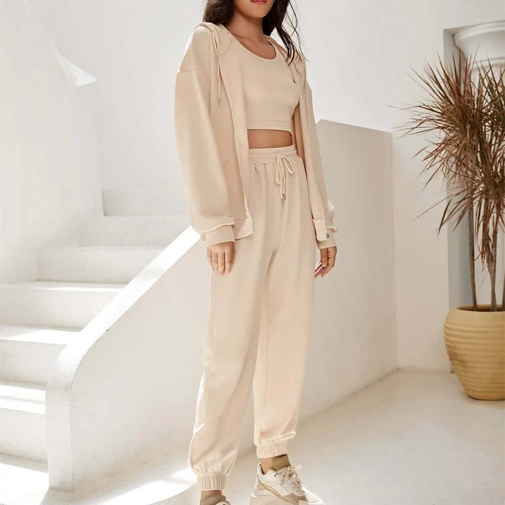 Zip up Drop Shoulder Drawstring Hoodie and Sweat Pant Set Women s Clothing Manufacturer OEM