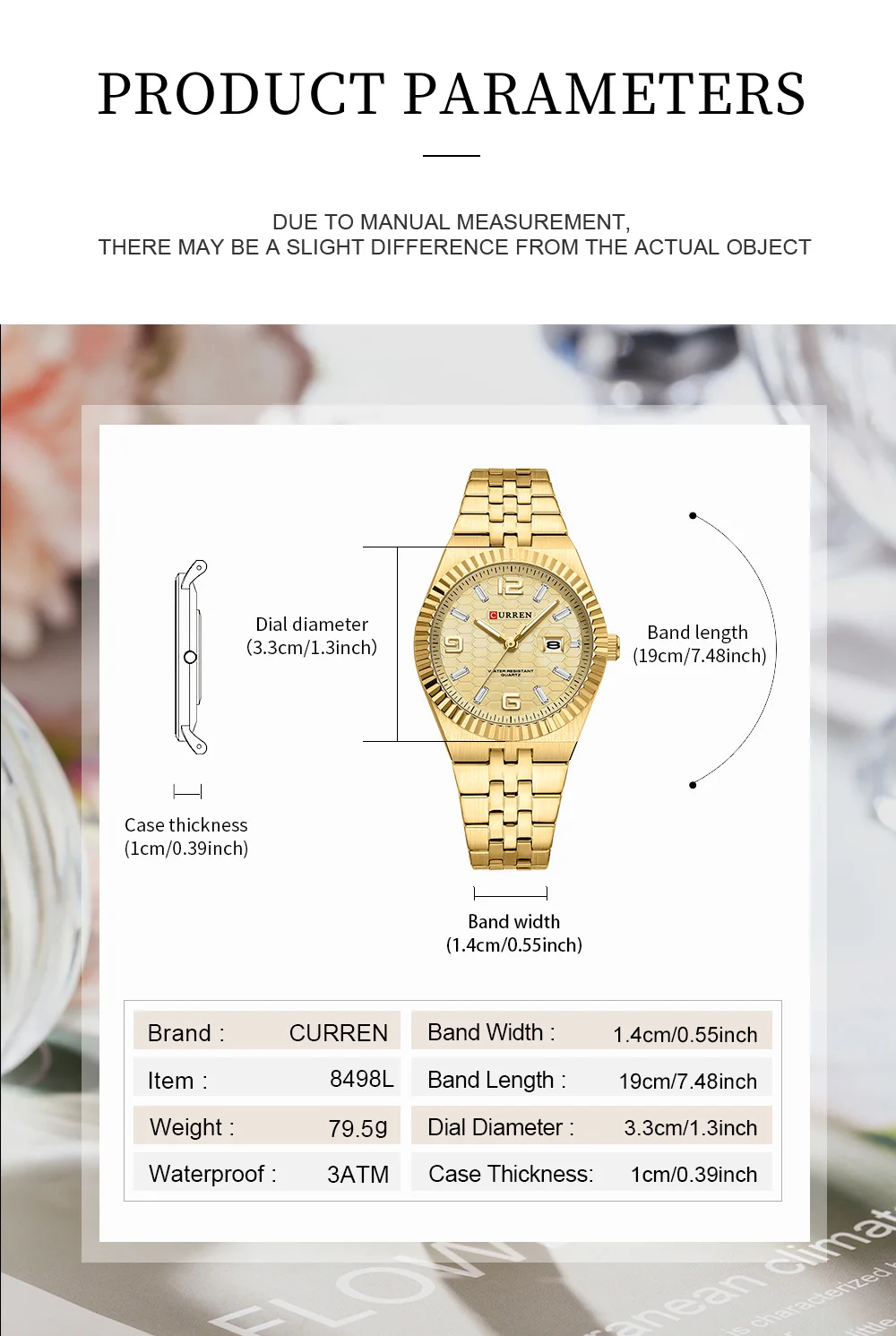 CURREN 8498 Women's Quartz Watches Stainless Steel Band Blue Dial Calendar Date Watch Ladies Water Resistant Luminous Wristwatch