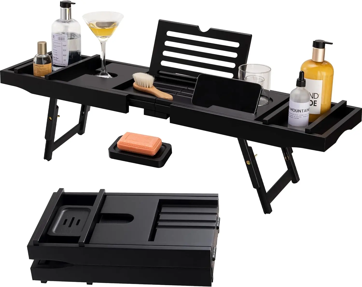 Foldable Bamboo Bathtub Caddy Tray with Slide-Out Arms  Book and Wine Glass Holder