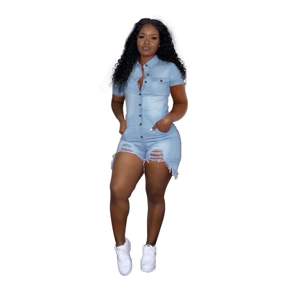 
QC 224 New summer 2021 plus size jeans sexy hollow out wholesale jumpsuits and rompers women solid short denim jumpsuit 