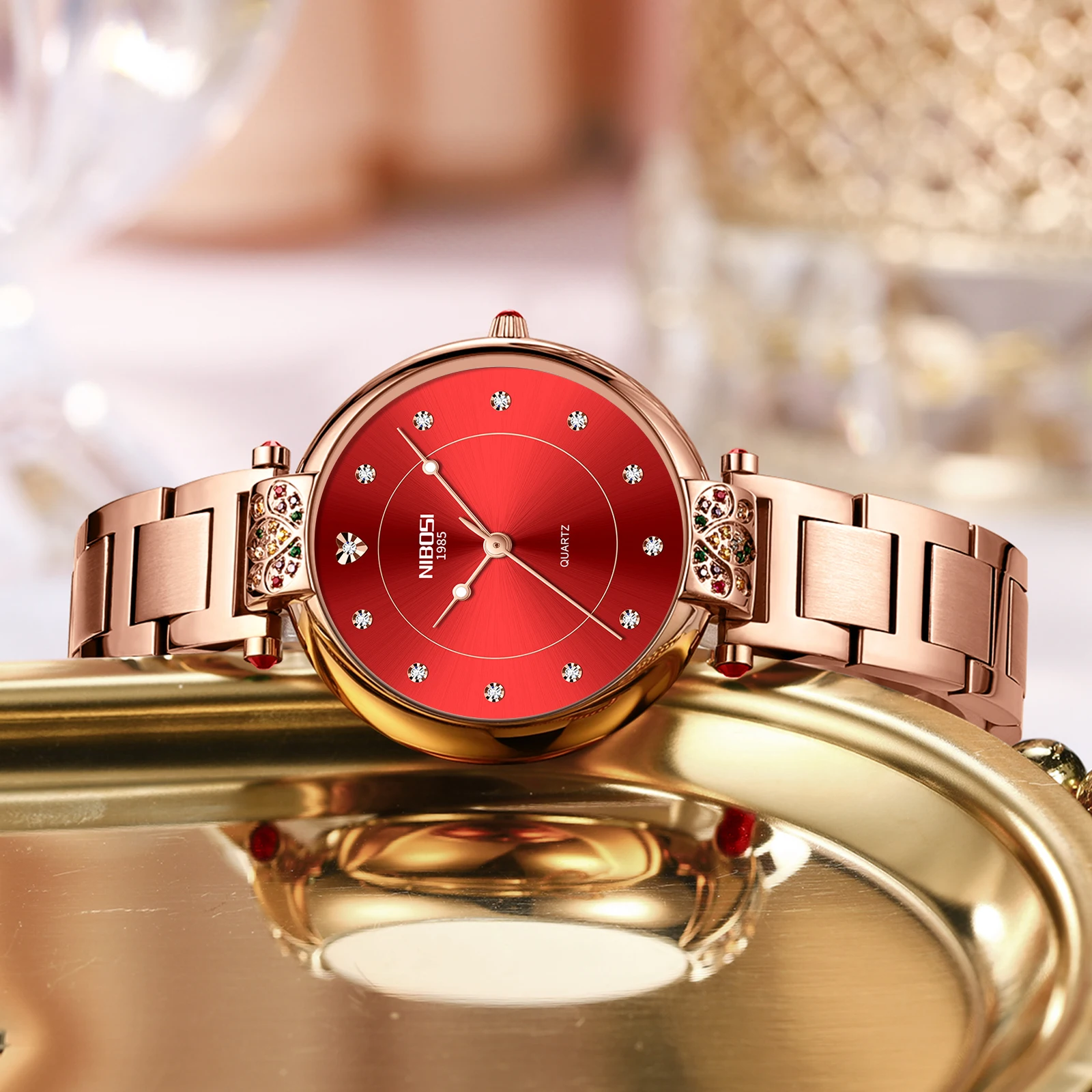 Nibosi Women\'s Gold Red Analog Quartz Stainless Steel Waterproof Luxury Watch NIBOSI Women main image 4