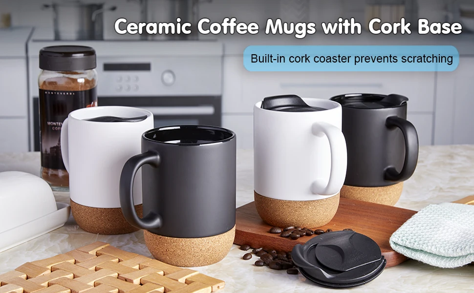 Ceramic Matte Black Mug Set With Cork Bottom And Spillresistant Lid