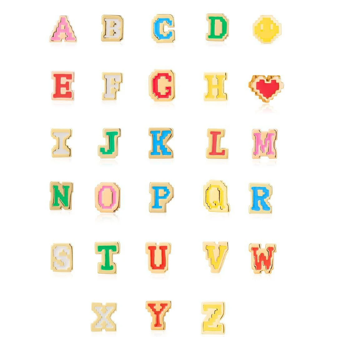 Mini Enamel Initial Charm Personalized Gold Stainless Steel Pixel Alphabet Letter Heart Face Bead