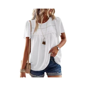 2025 Bohemian Trendy Women's Winter Tops Summer Chiffon Blouses Crewneck Short Sleeve Flowy Lace Hem Button Front Party ODM